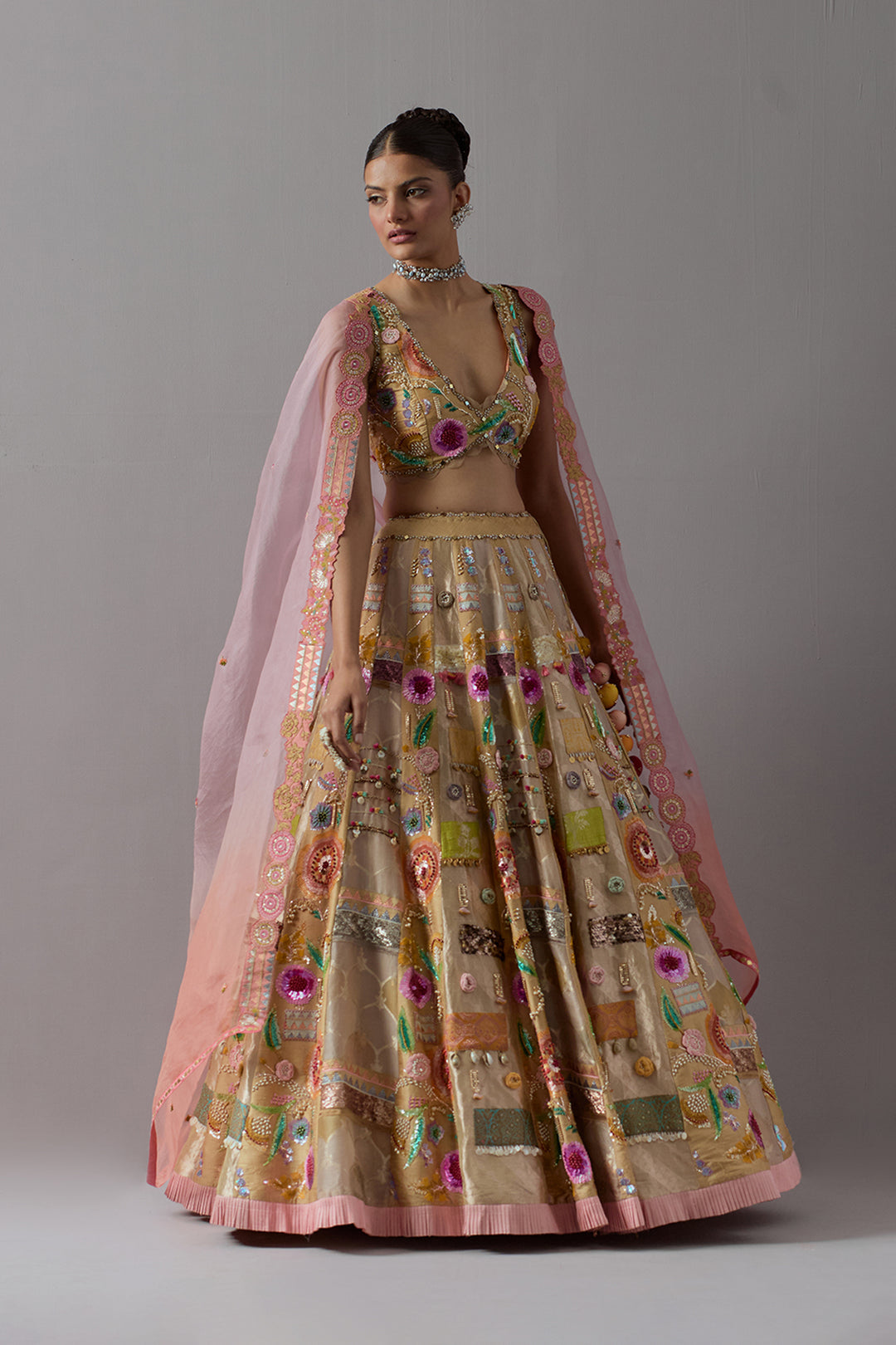 Beige Gold Embroidered Lehenga Set with Blush Pink Dupatta