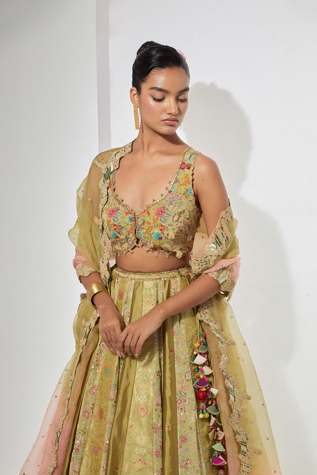 Lime Brocade Lehenga Set with Embellished Bralette &amp; Organza Dupatta