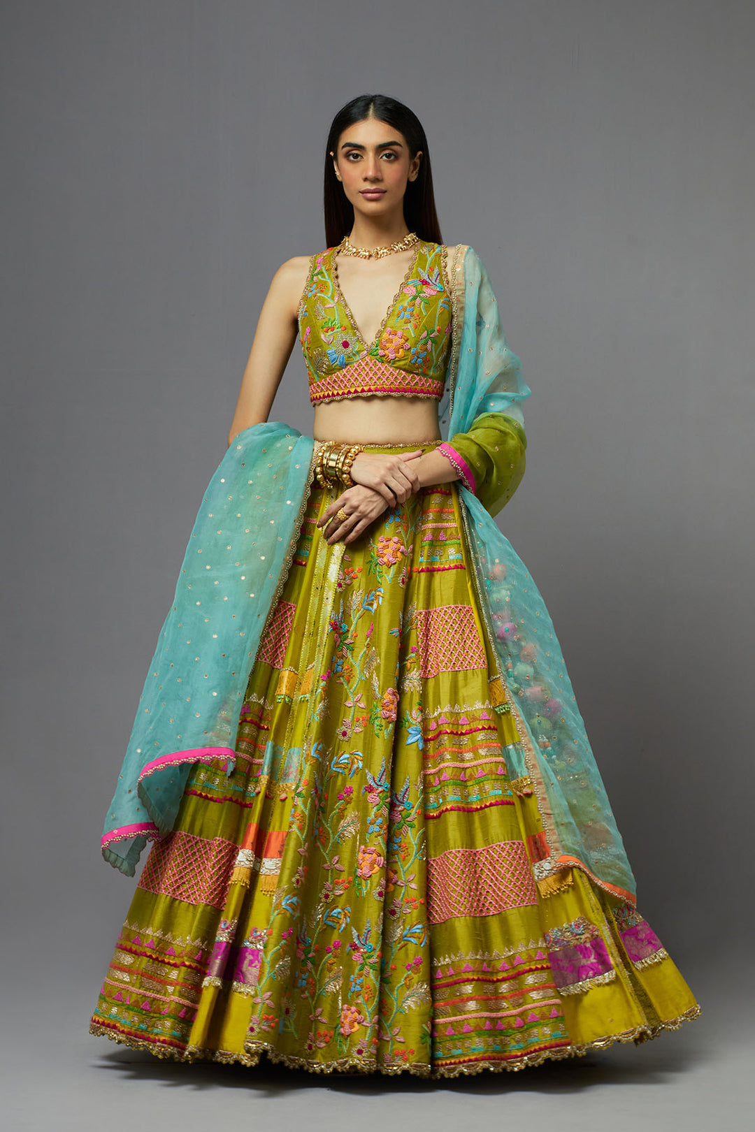 Multicolour sleeveless lehenga set with ombre dupatta