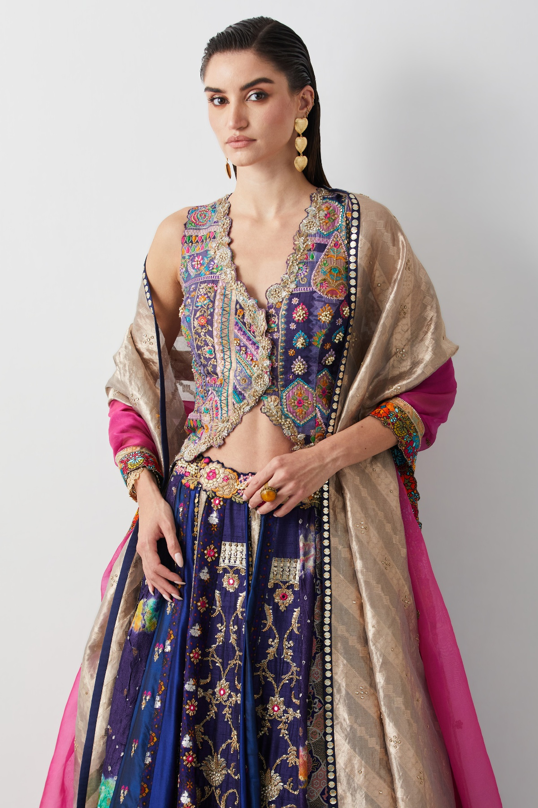 Royal Blue Silk &amp; Brocade Lehenga Set with Corset and Organza Dupatta