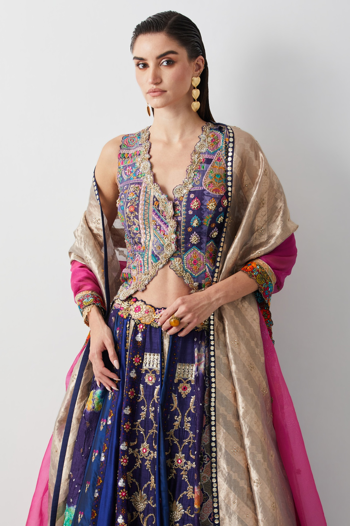 Royal Blue Silk &amp; Brocade Lehenga Set with Corset and Organza Dupatta