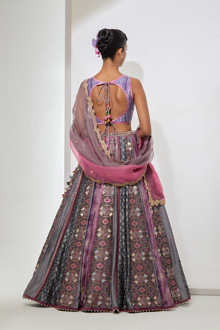 Lilac Patchwork Lehenga Set with Floral Embellished Bralette &amp; Ombre Dupatta