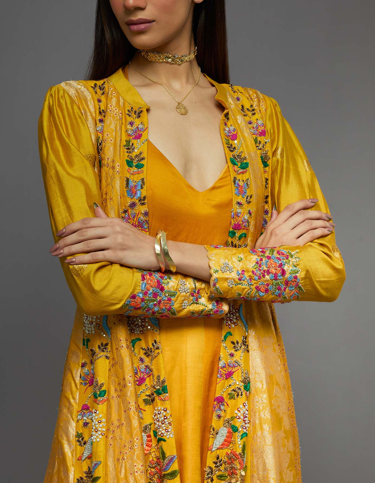 Yellow Embroidered Jacket and Kalidar Set