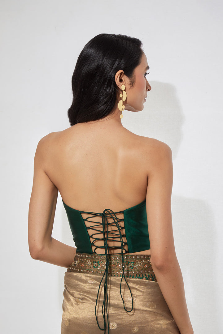 Antique Gold Tissue Saree with Emerald Green Border &amp; Heavy Corset Blouse