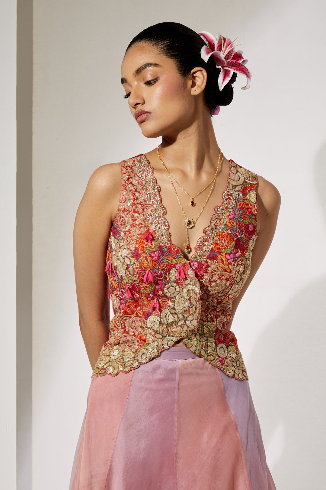 Blush Pink Embroidered Corset &amp; Organza Skirt Set