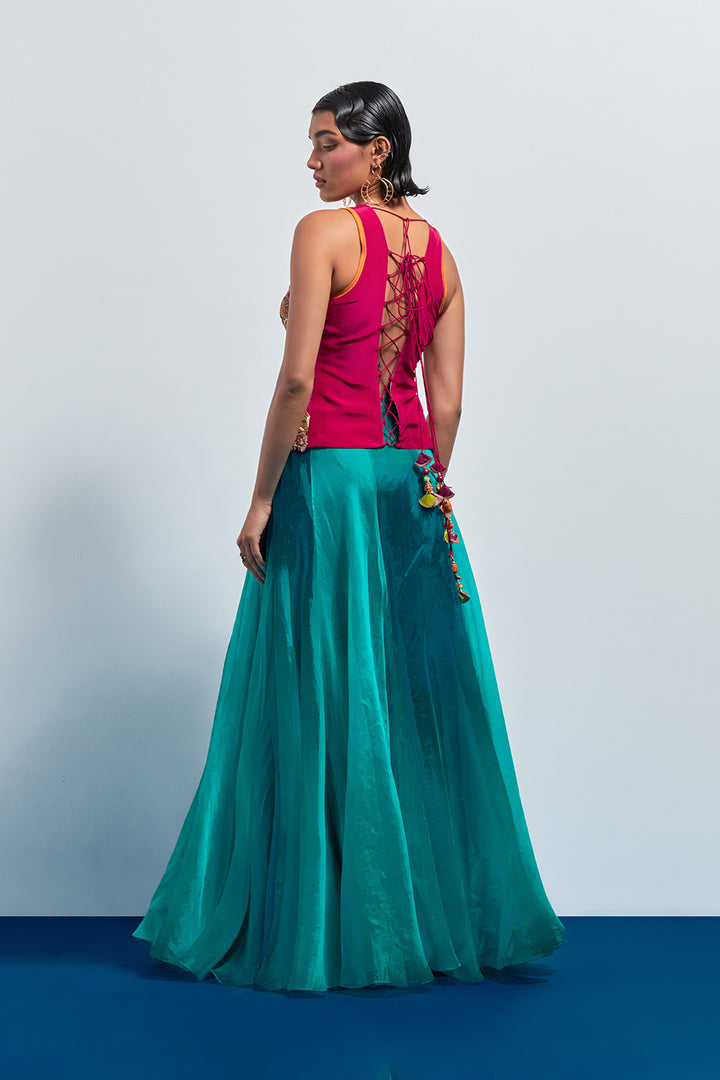 Fuchsia Embroidered Corset with Teal Organza Skirt