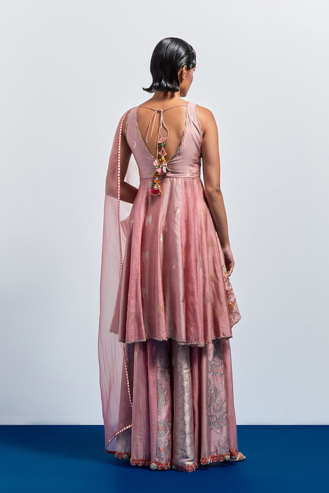 Blush pink embroidered peplum sharara set
