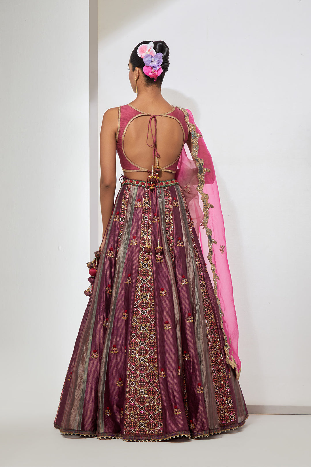 Wine Embroidered Lehenga Set with Organza Dupatta