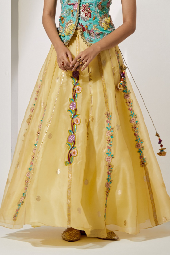 Yellow Organza Skirt with Floral Thread Embroidery+Mustard Patchwork Embroidered Corset Vest