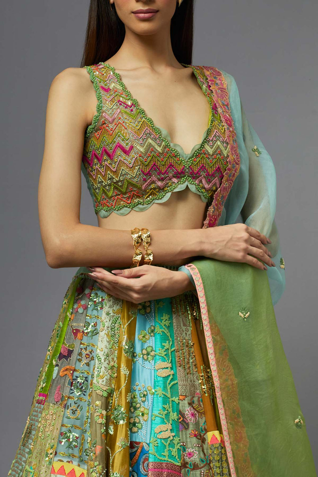Multicolour panelled lehenga set with dupatta