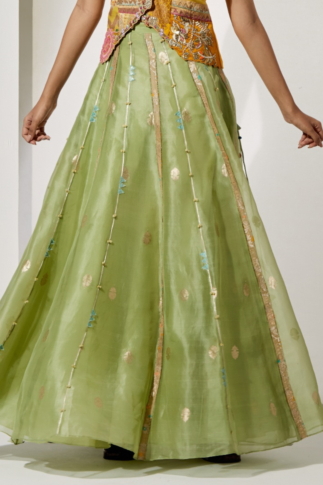 Sunset Patchwork Embroidered Corset+Olive Green Organza Skirt with Vertical Line &amp; Motif Detailing