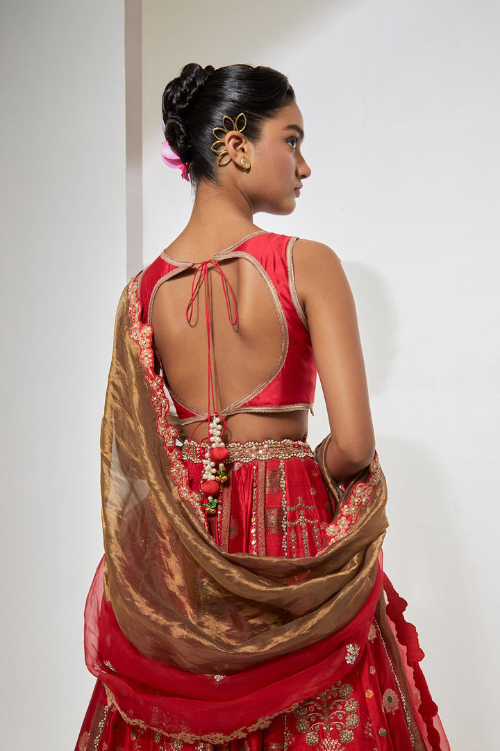 Bridal Red Multi-Panel Banarasi Silk Lehenga Set with Heavy Zardozi Scalloped Blouse
