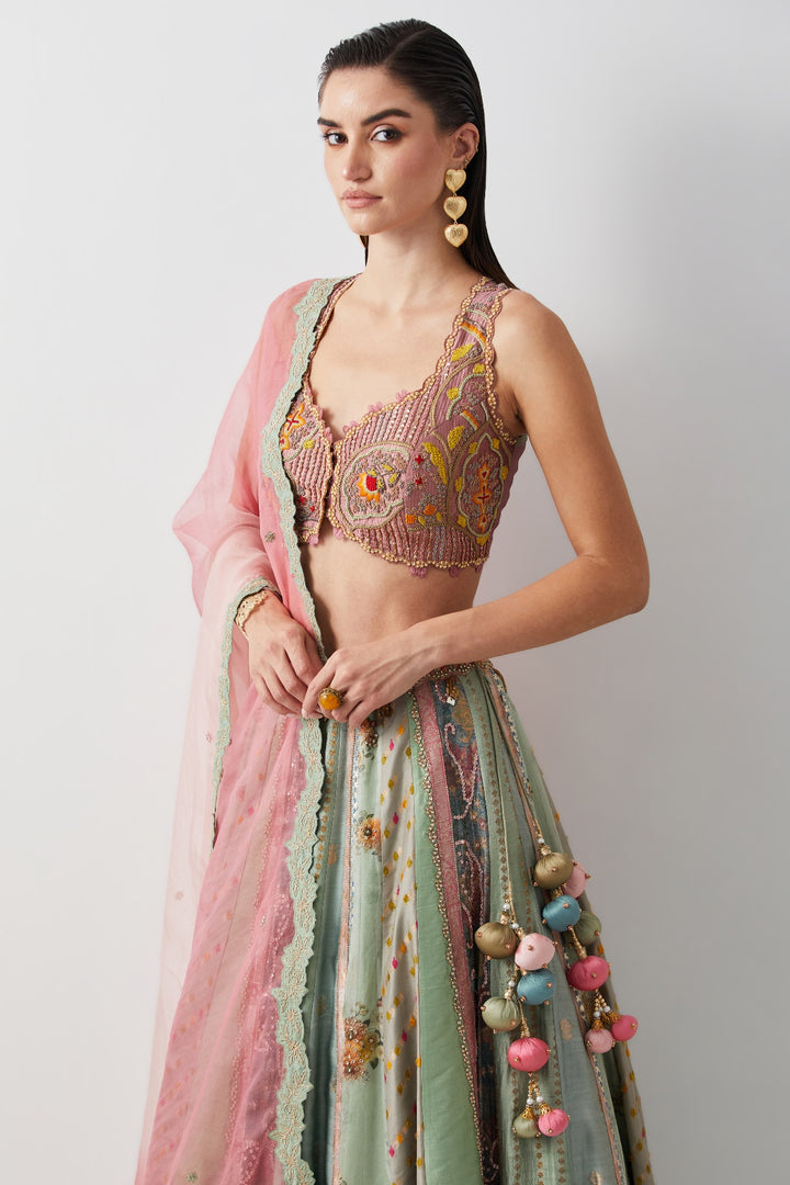 Aqua Silk Hand Embroidered Lehenga Set with Organza Dupatta