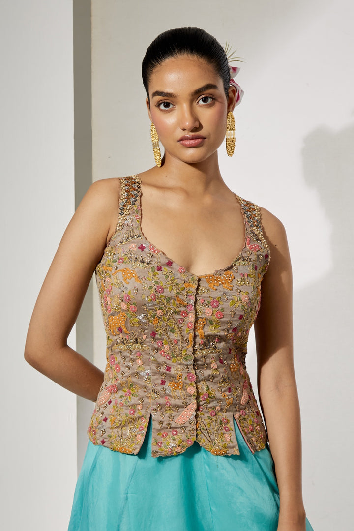 Teal Organza Flared Lehenga Skirt+Mustard Cheetah &amp; Floral Threadwork Waistcoat