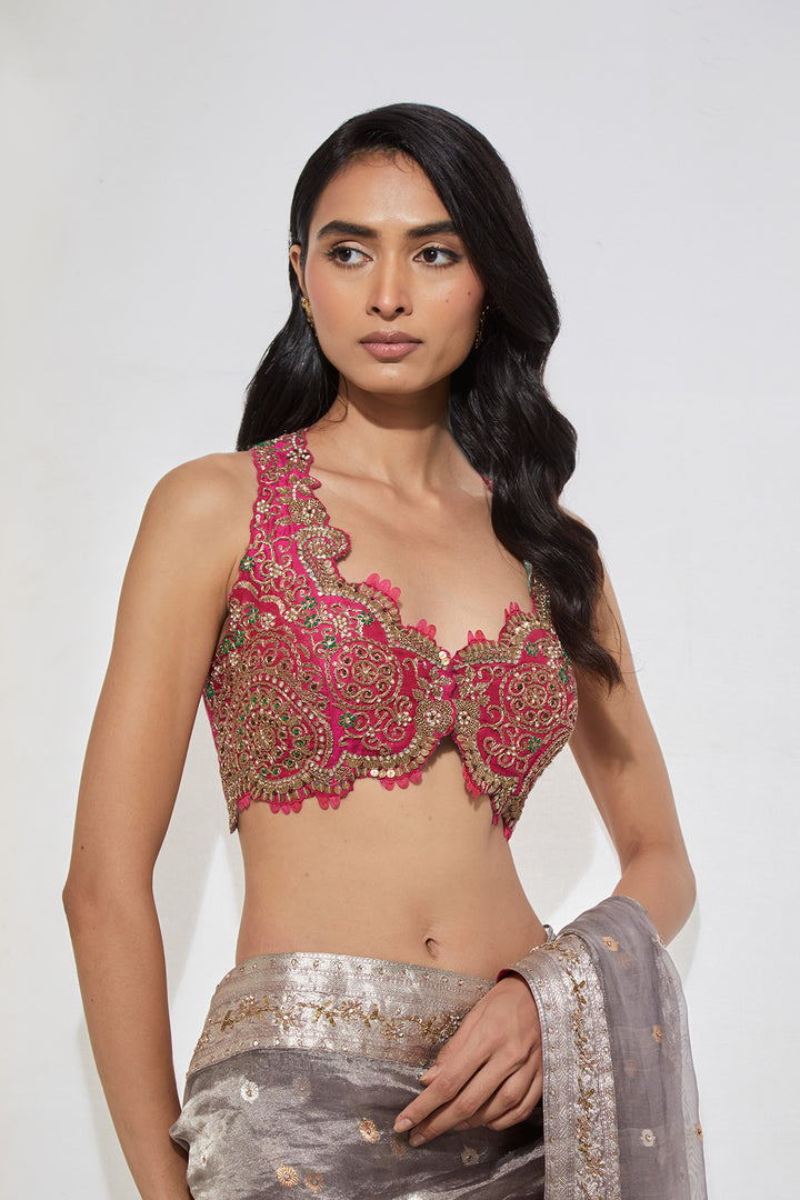 Ash Grey Tissue Organza Saree with Zardozi Border &amp; Hot Pink Embroidered Blouse