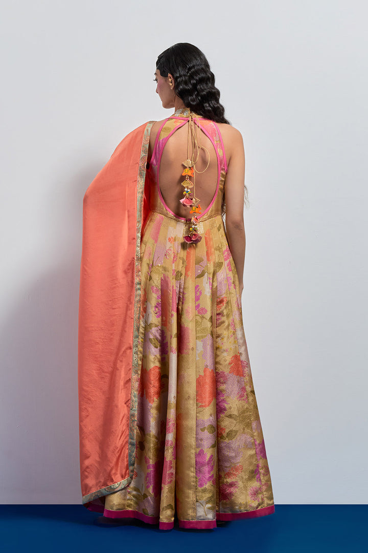 Beige yellow floral embroidered anarkali set
