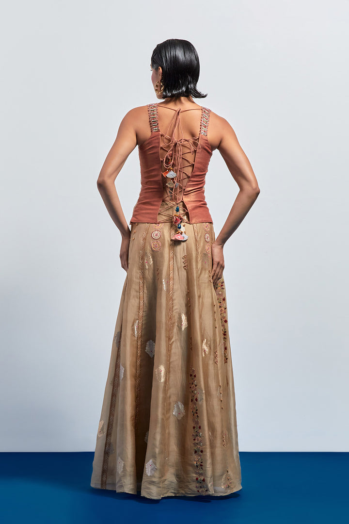 Beige embroidered skirt corset set