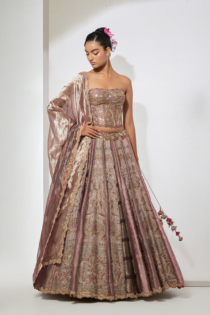 Mauve Blush Multi-Panel silk brocade Lehenga Set with Heavy Hand-Embroidered Corset Blouse
