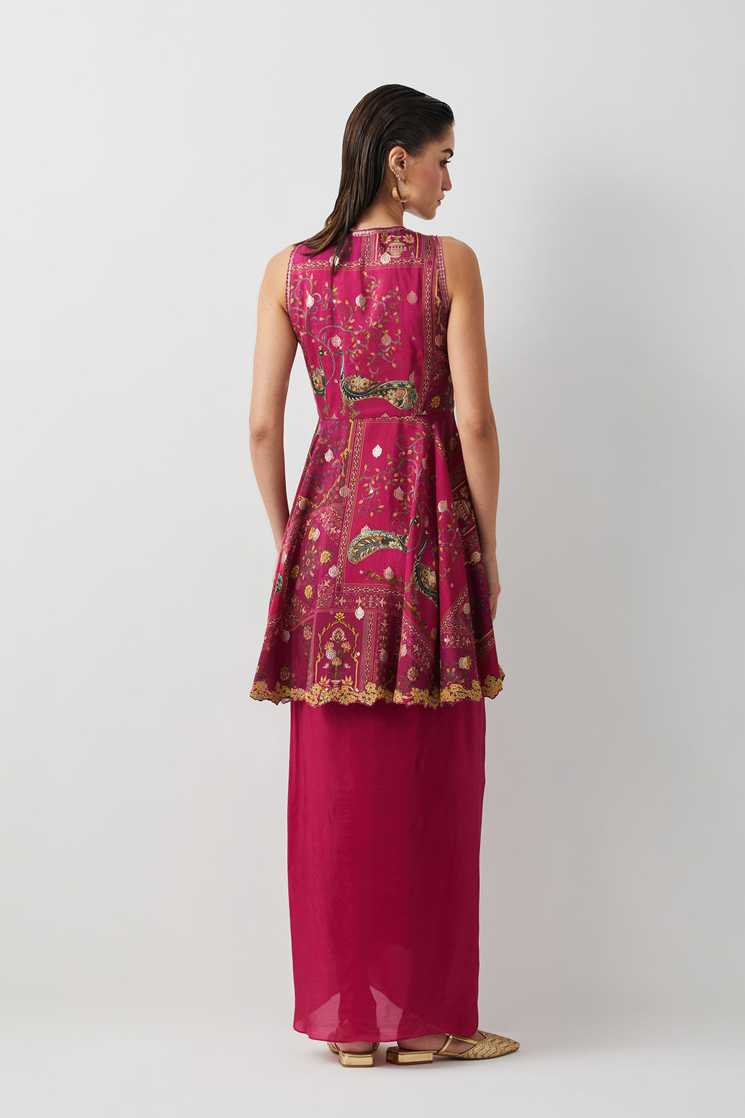Magenta embroidered peplum skirt set