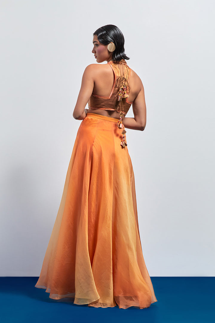 Yellow orange ombre embroidered skirt set