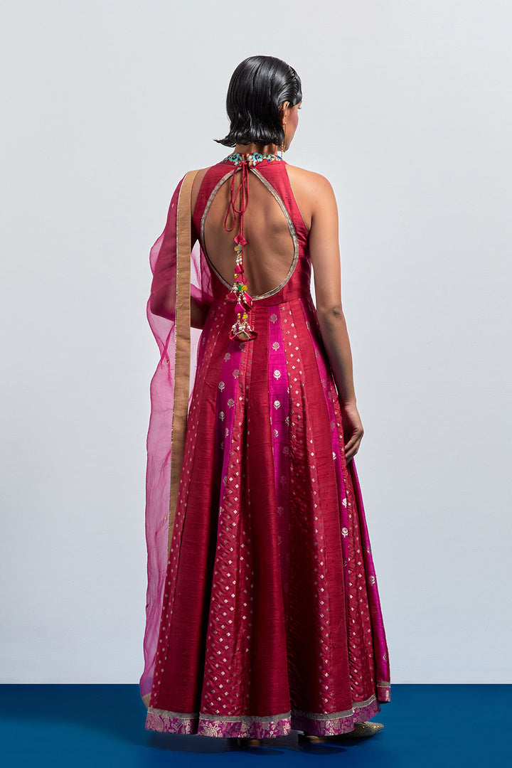 Magenta embroidered anarkali dupatta set.