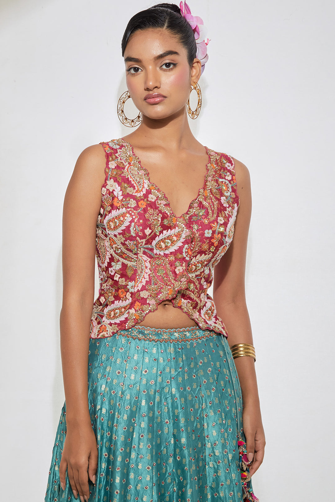 Rani Pink Embroidered Vest &amp; Teal Banarasi Lehenga