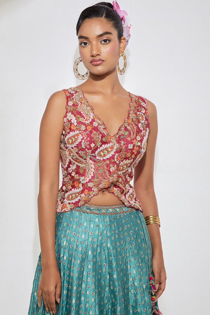 Rani Pink Embroidered Vest &amp; Teal Banarasi Lehenga