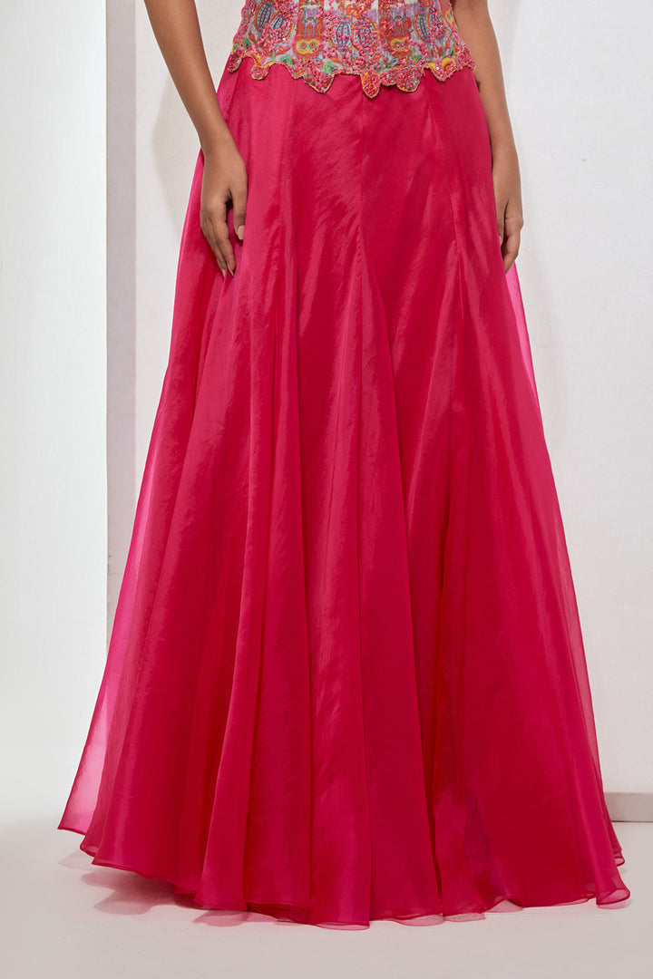 Pink Hand-Embroidered Silk Corset &amp; Organza Skirt Set.