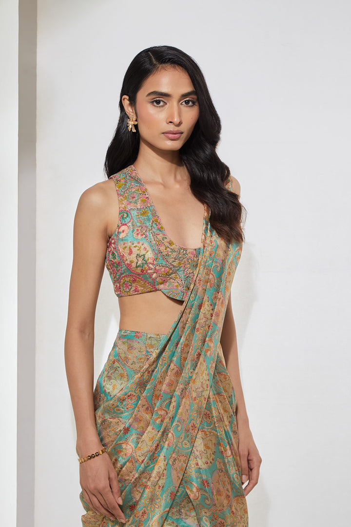 Aqua Paisley Printed Pre-Draped Saree with Corset Blouse