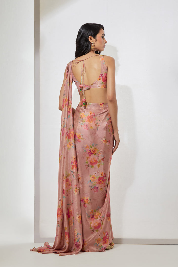 Blush Pink Floral Printed Pre-Draped Saree with Corset Blouse