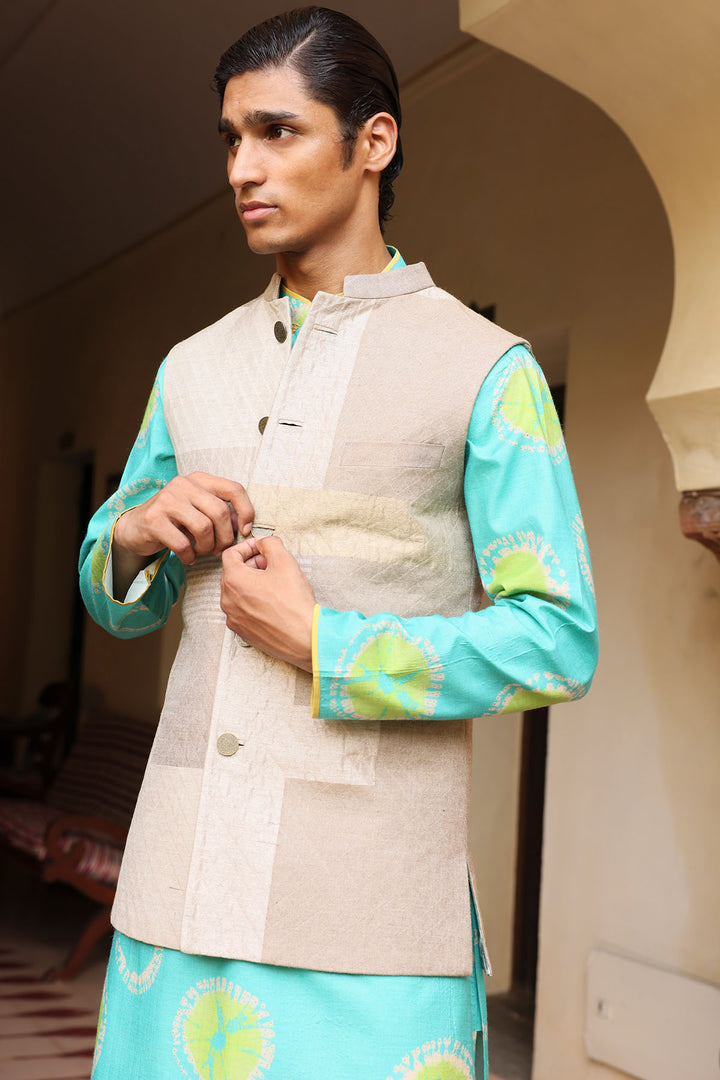 Ferozi Silk Kurta Set with Beige Tissue Jacket