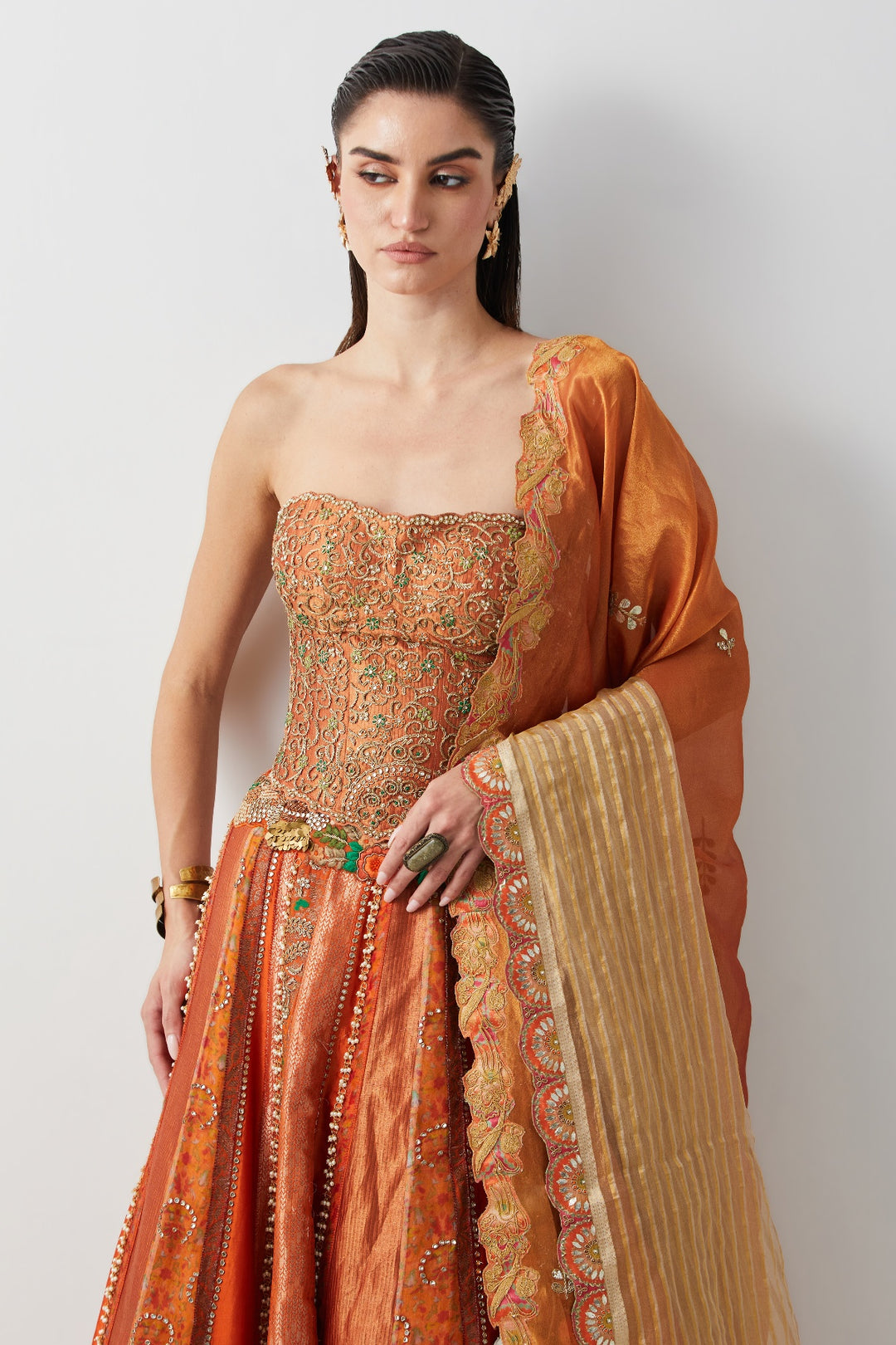 Roasted Carrot Hand Embroidered Lehenga Set with Organza Dupatta