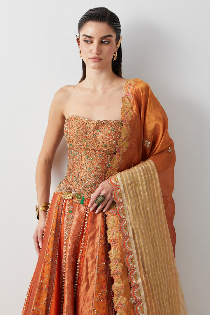 Roasted Carrot Hand Embroidered Lehenga Set with Organza Dupatta