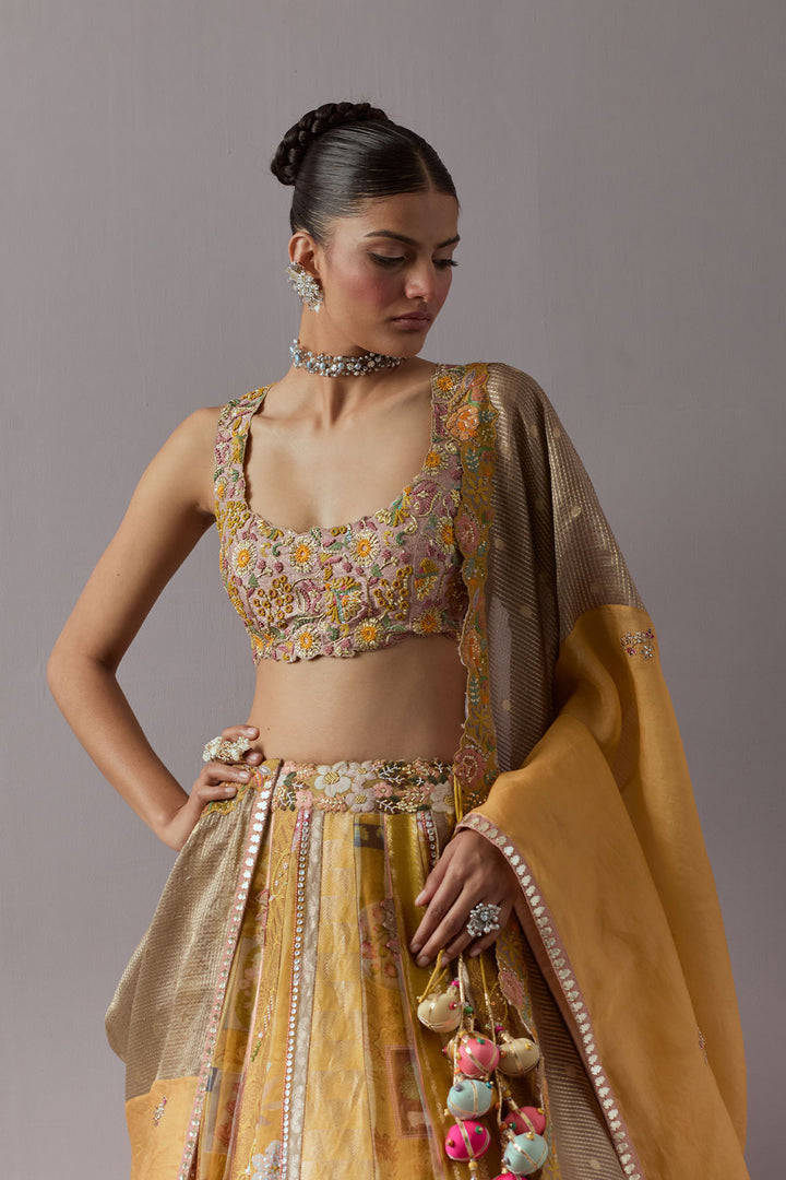 Golden mustard embroidered lehenga choli with dupatta