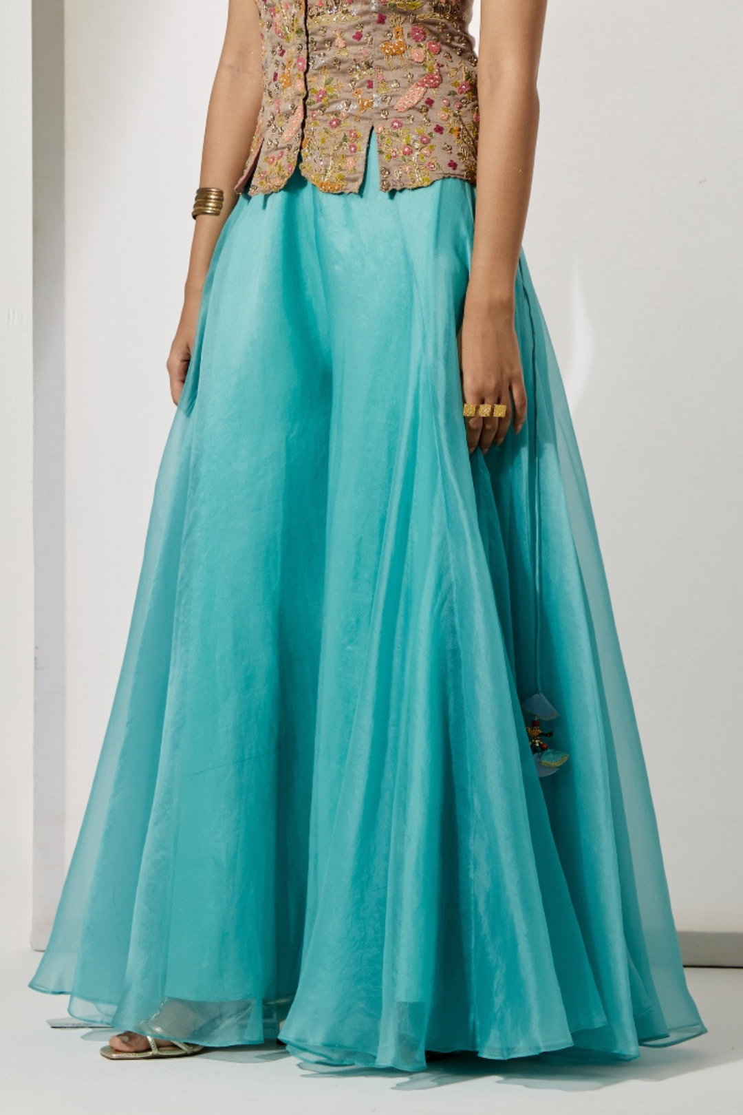 Fuchsia Pink Floral Embroidered Corset+Turquoise Organza Flared Skirt