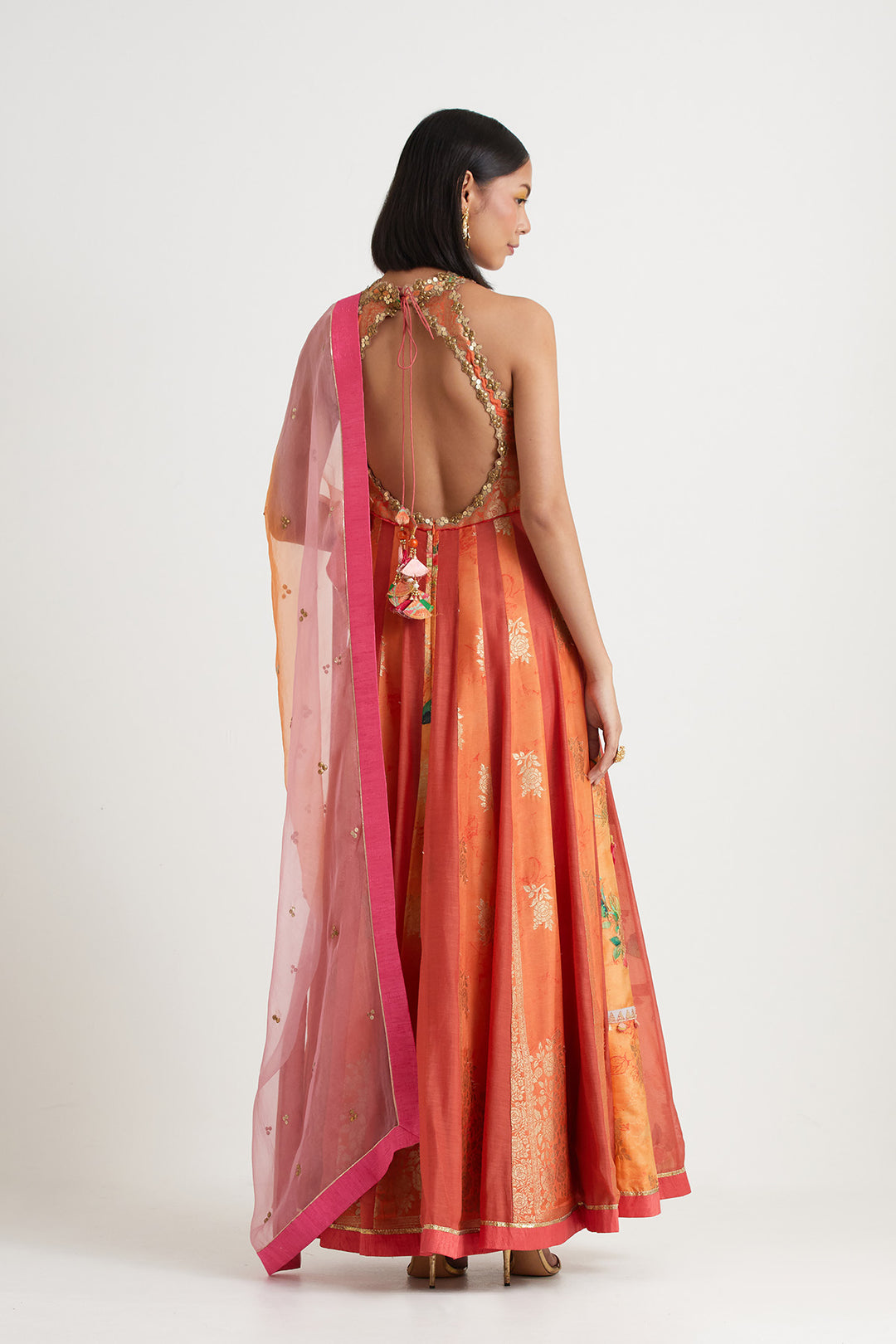 Orange printed anarkali gown with dupatta