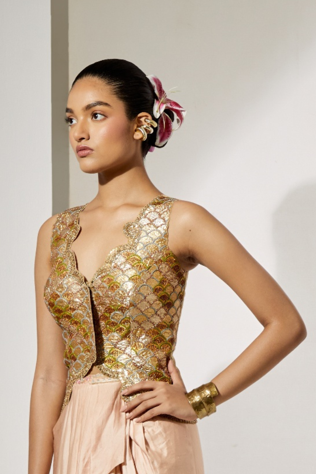 Yellow Organza Skirt with Floral Thread Embroidery+Gold Ebroidered Corset