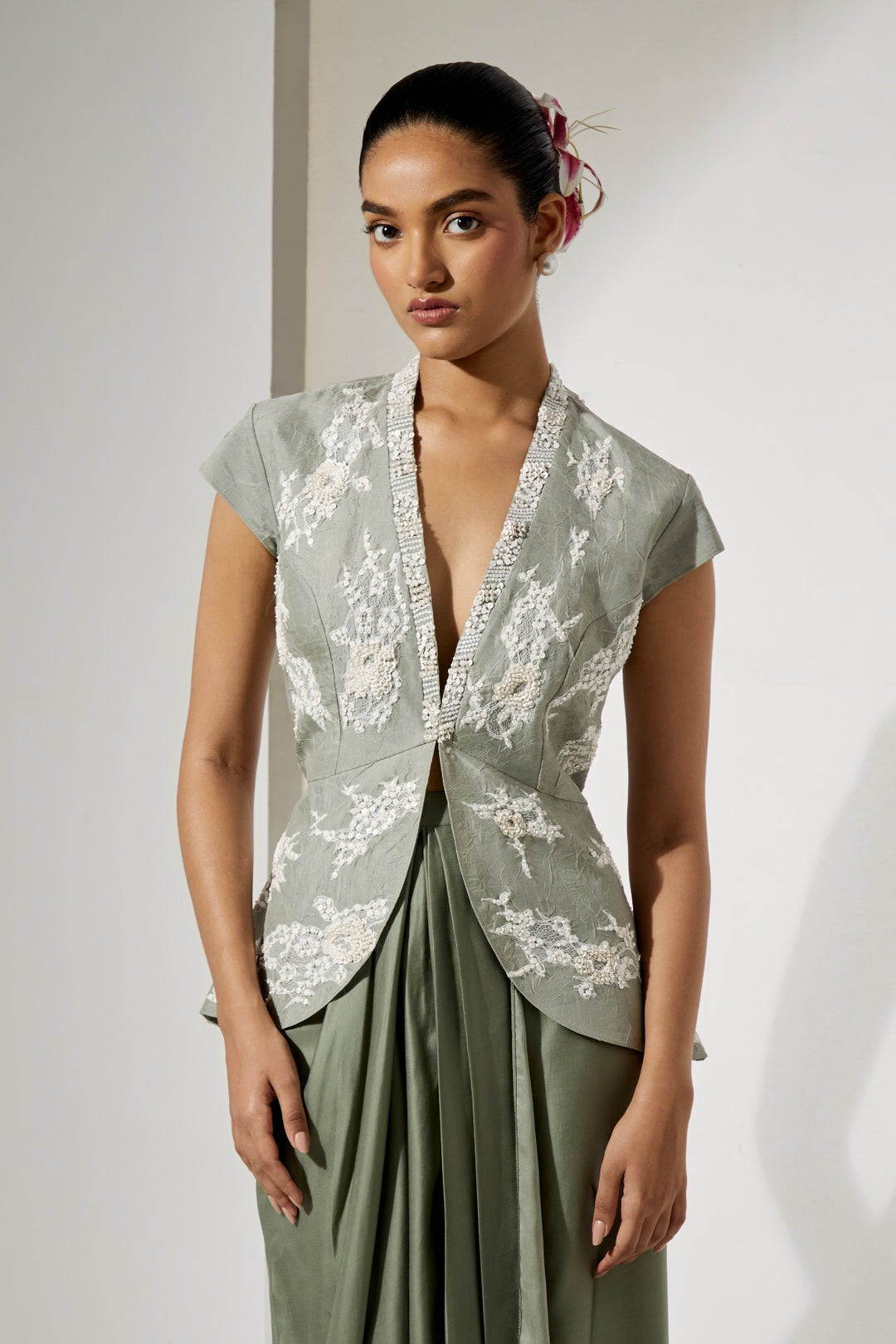 Sage Foil Silk Top &amp; Draped Satin Skirt Set