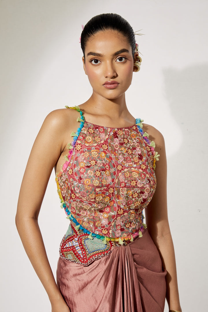 Rust Draped Skirt Set with Fully Embroidered Threadwork Blouse | RTS