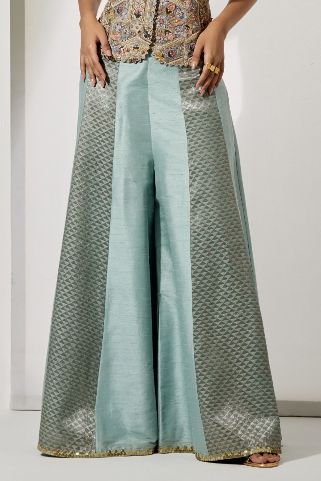 Pastel Patchwork Embroidered Corset+Powder Blue Panelled Sharara with Geometric Weave