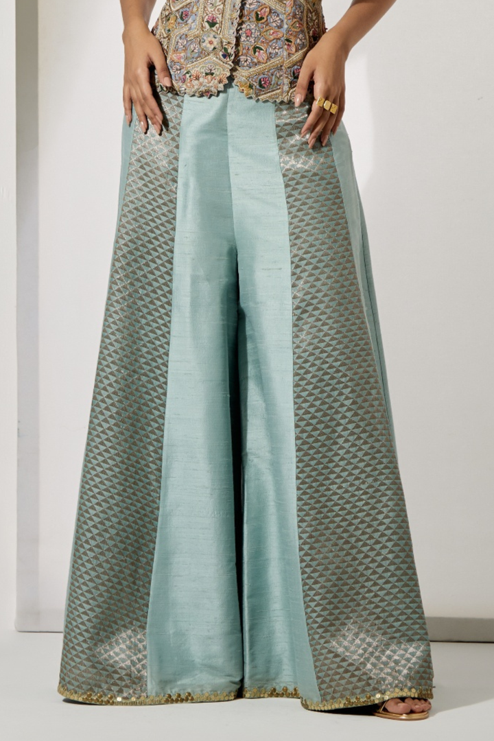 Pastel Patchwork Embroidered Corset+Powder Blue Panelled Sharara with Geometric Weave