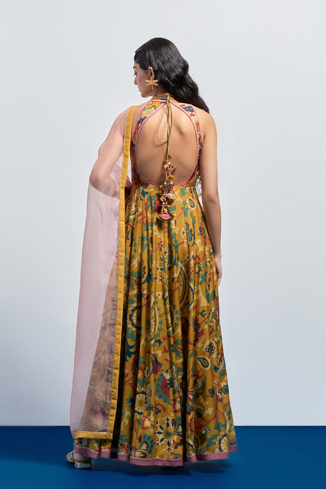 Mustard yellow hand embroidered anarkali set