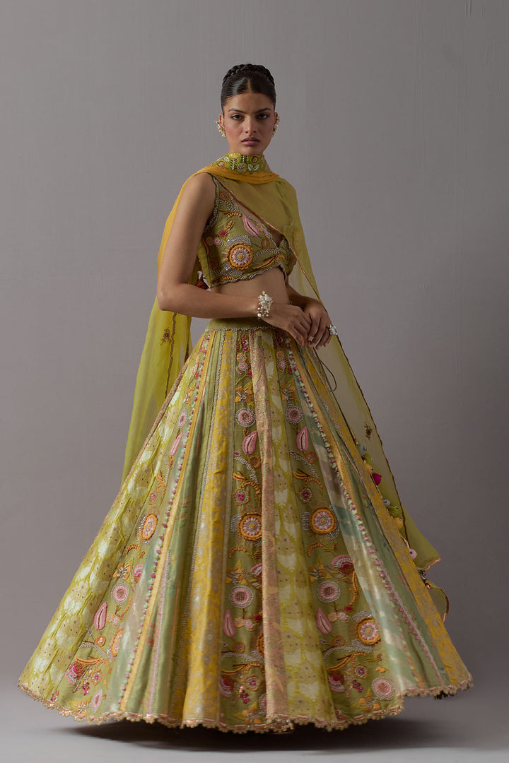 Lime green embroidered lehenga choli with dupatta