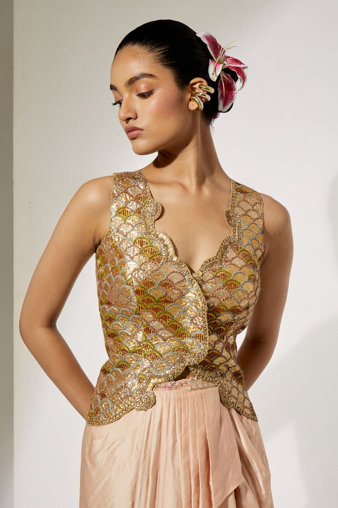 Yellow Organza Skirt with Floral Thread Embroidery+Gold Ebroidered Corset