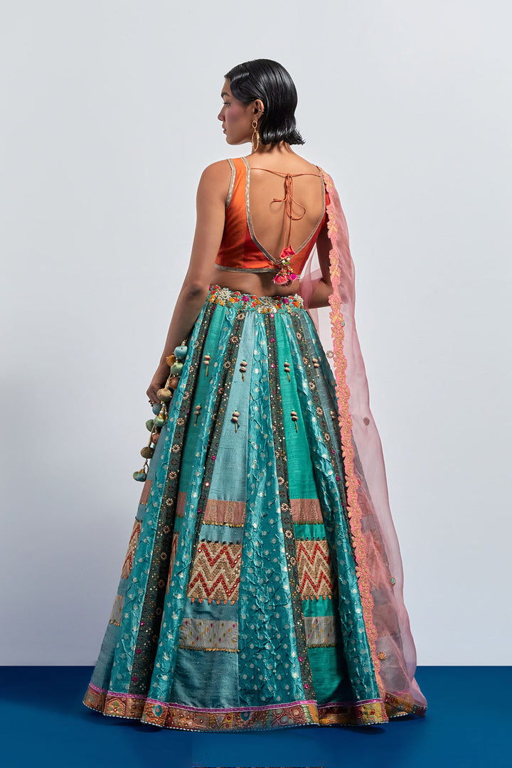 Teal green embroidered lehenga set