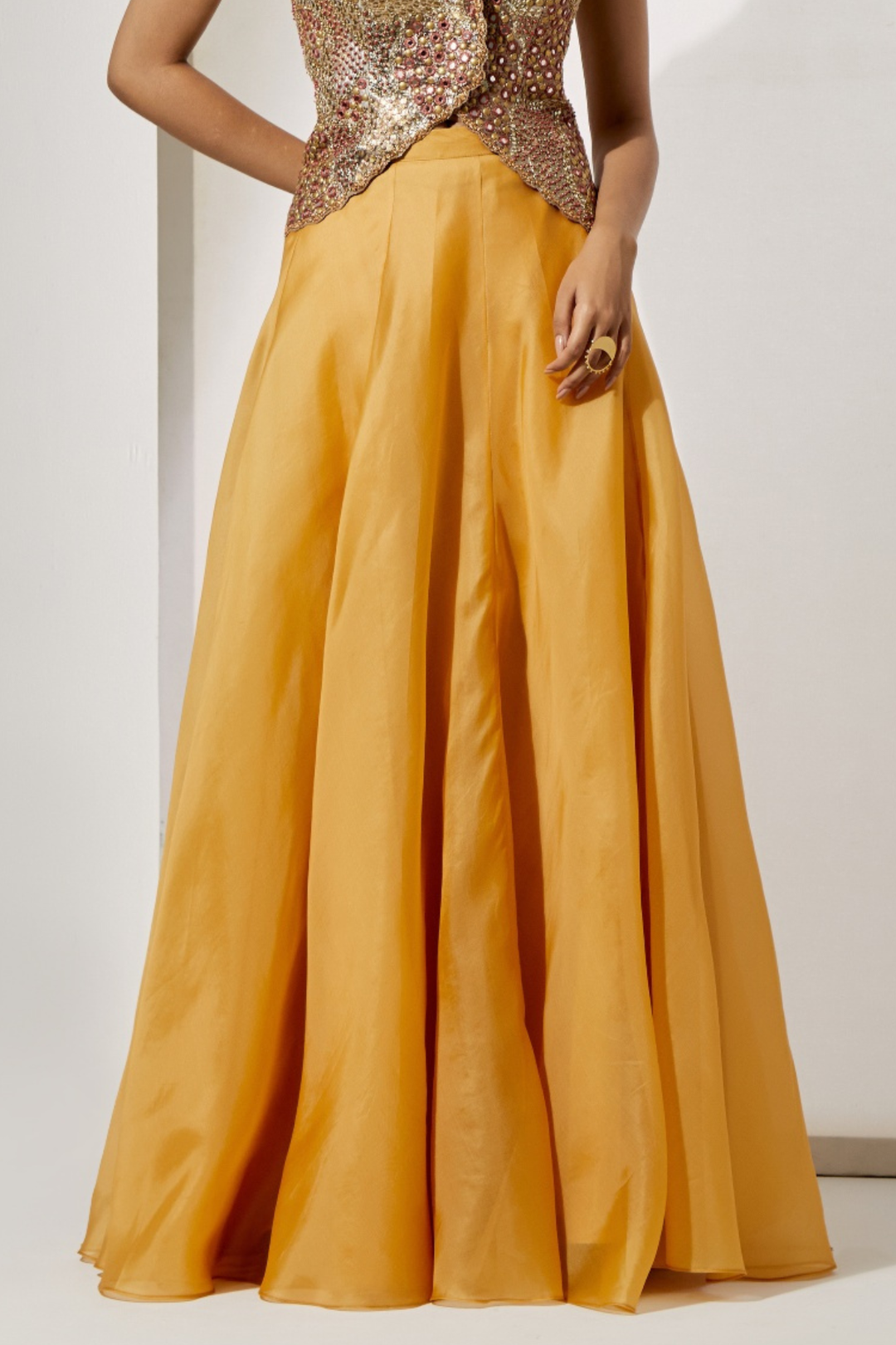 Sunset Patchwork Embroidered Corset+Mustard Yellow Plain Organza Flared Skirt