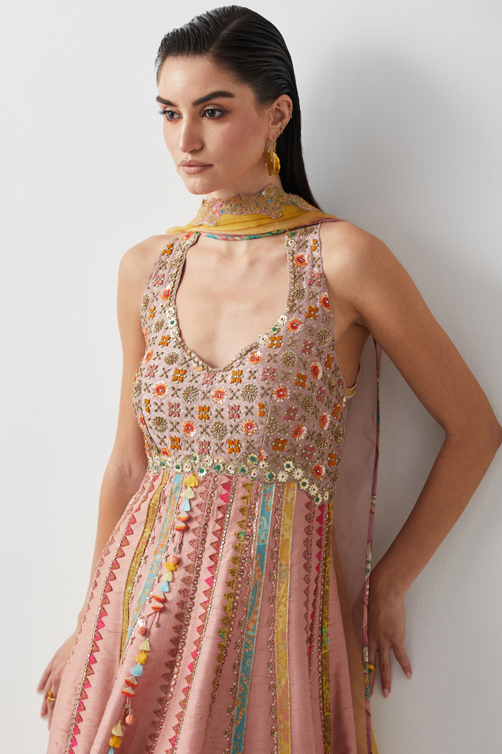 Rose Pink Silk Embroidered Anarkali Set