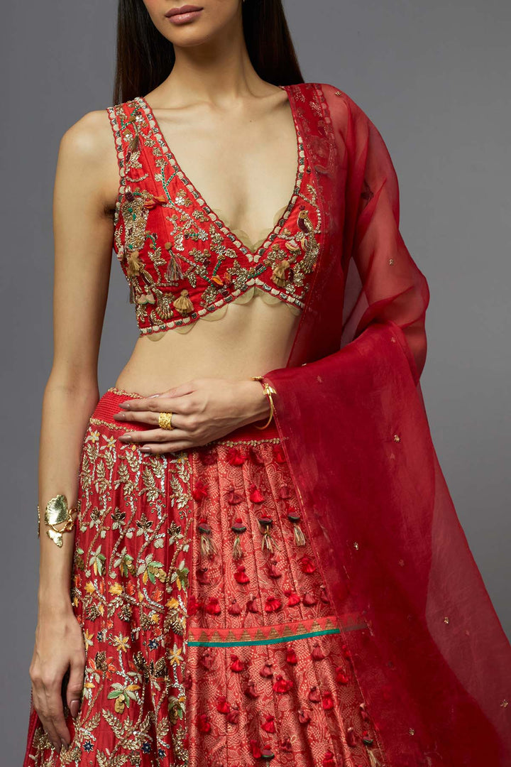 Red embroidered lehenga choli with dupatta