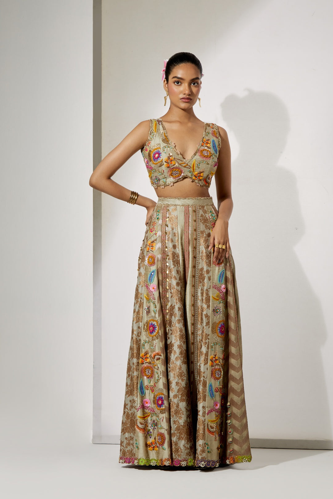 Beige Gold Embroidered Sharara Set with Organza Cape