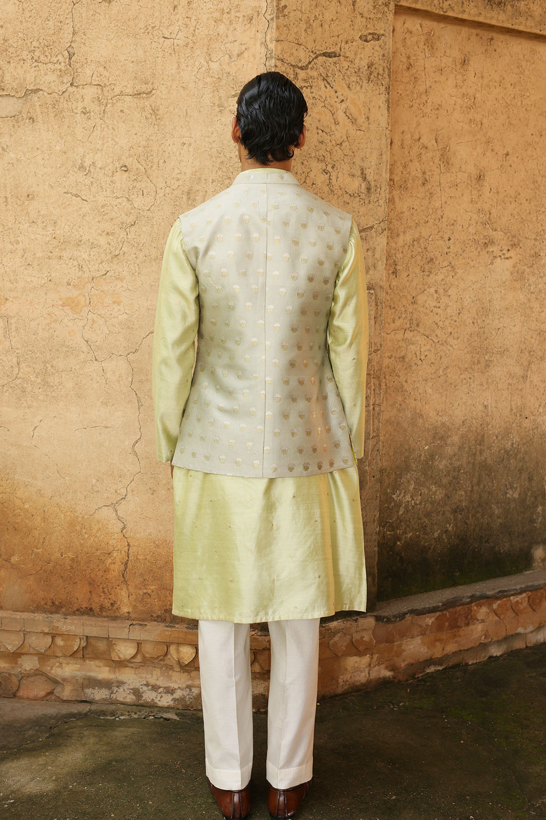 Mint Green Silk Kurta Set with Patchwork Brocade Jacket